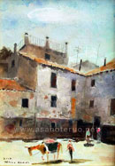 浅野輝雄　油絵　スペイン風景　アルバイシンの古い建物とロバ